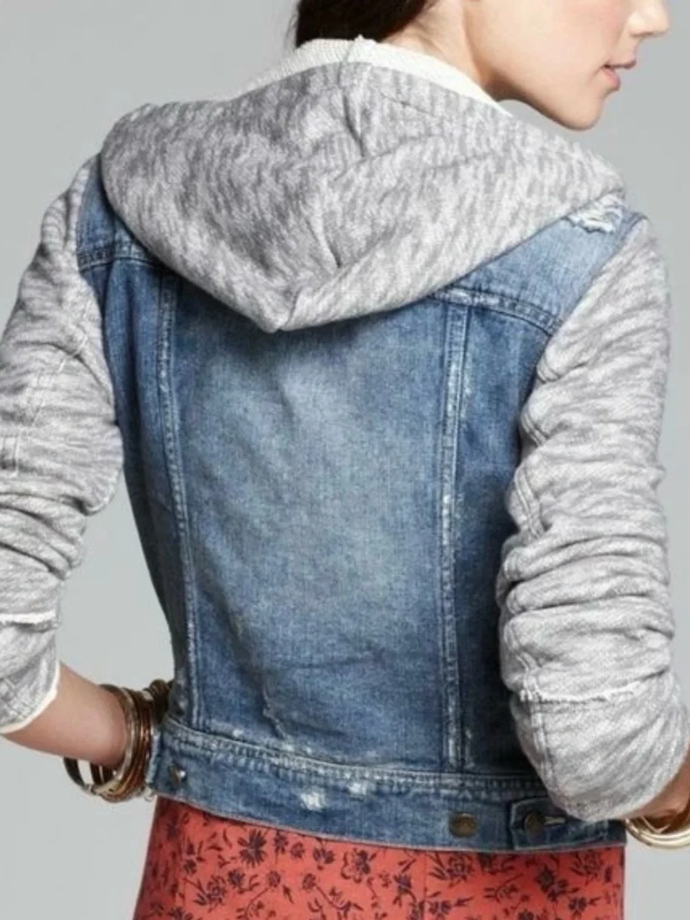 Free People Distressed Denim Jacket Knit Hood & Sleeves Dark Blue Wash - Picture 3 of 10